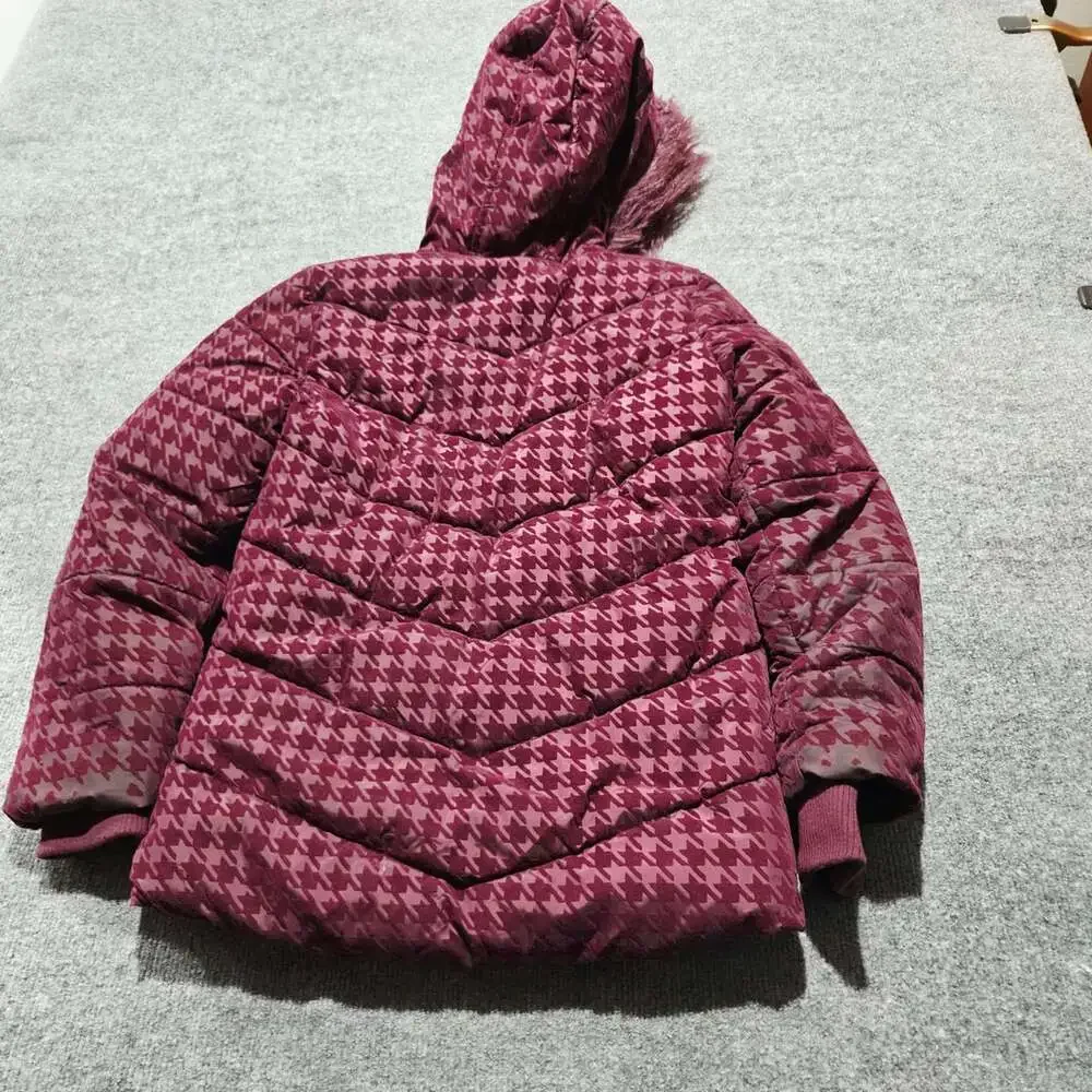 Juicy Couture Puffer Jacket Size 7/8 Burgundy Houndstooth Faux Fur Hood